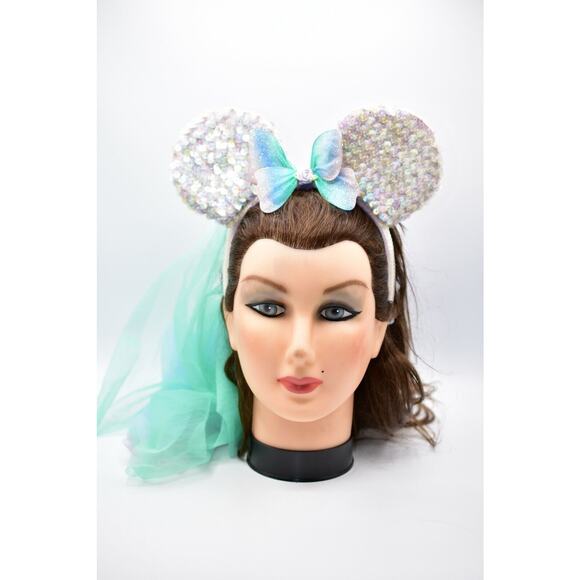 Disney Minnie Mouse Ears Sequined Fairy Wings Bow Veil Sequin Headband Glitter - Picture 1 of 11